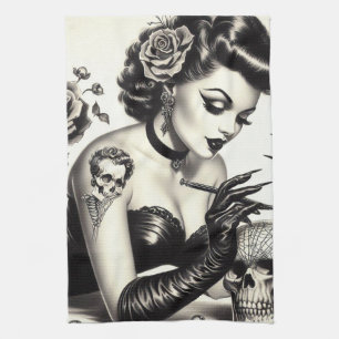 Retro Tattoed Goth Pin-up Kitchen Towel