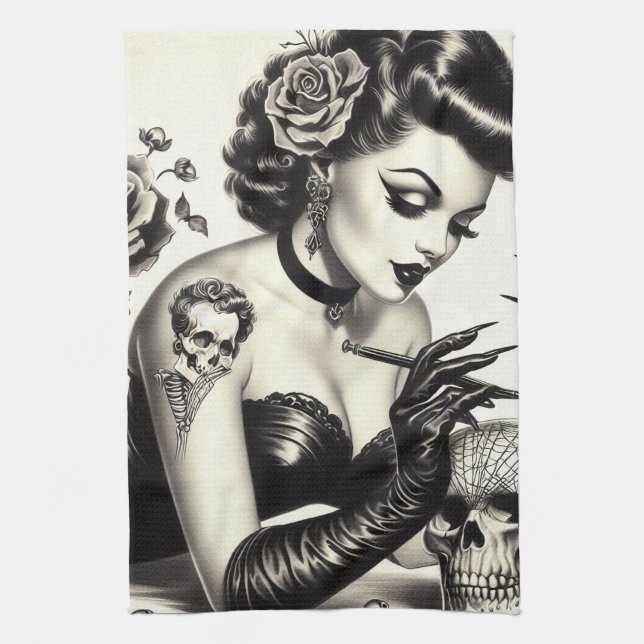 Retro Tattoed Goth Pin-up Kitchen Towel (Vertical)