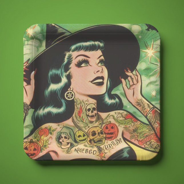 Retro Tattoed Witch Comic Paper Plates (Creator Uploaded)