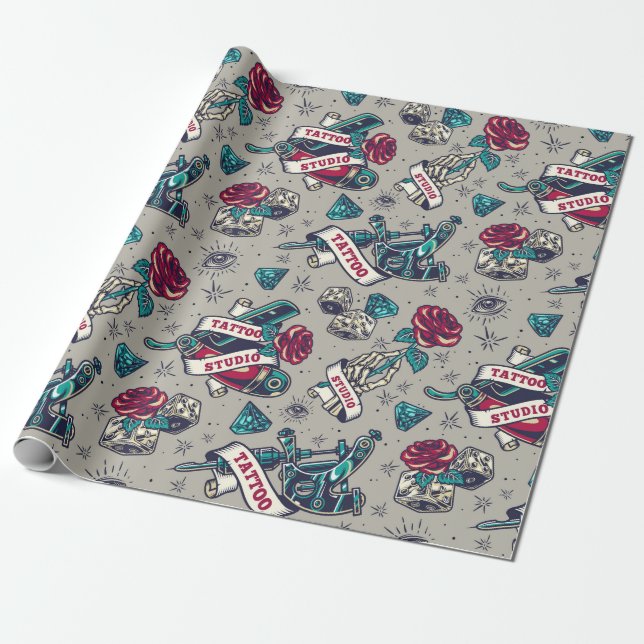 Retro Tattoo Design Wrapping Paper (Unrolled)