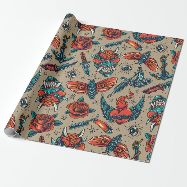 Retro Tattoo Design Wrapping Paper (Unrolled)