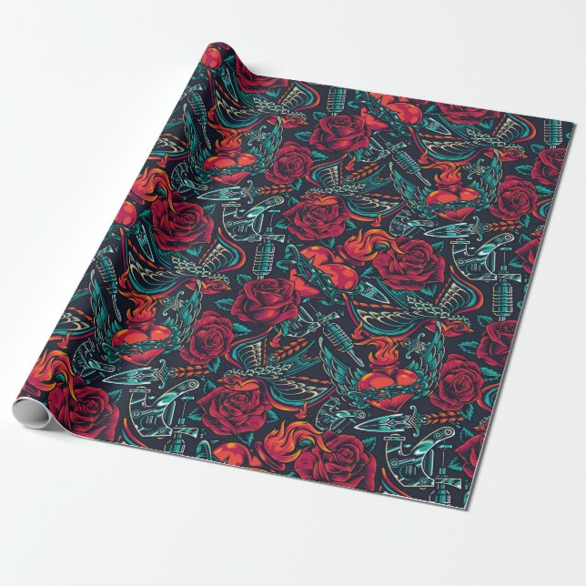 Retro Tattoo Design Wrapping Paper (Unrolled)