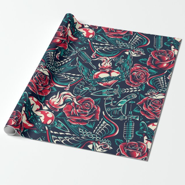 Retro Tattoo Design Wrapping Paper (Unrolled)