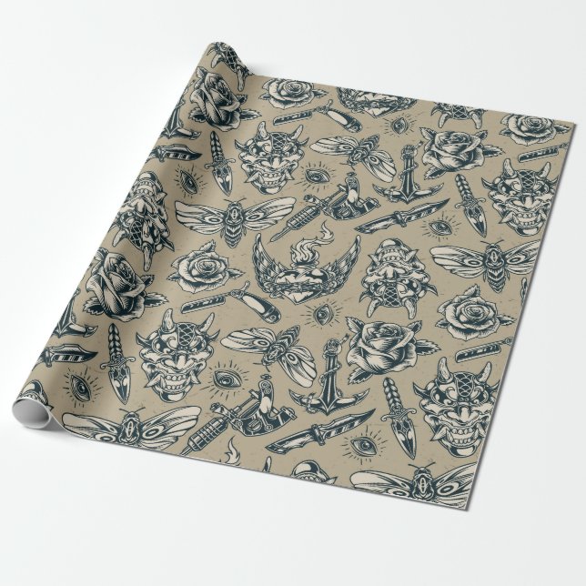 Retro Tattoo Design Wrapping Paper (Unrolled)