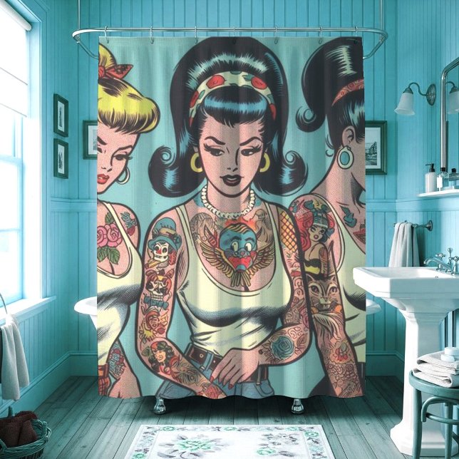 Retro Tattoo Girls Comics Shower Curtain (Creator Uploaded)