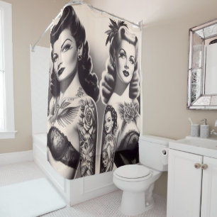 Retro Tattoo Glam Pinups Shower Curtain