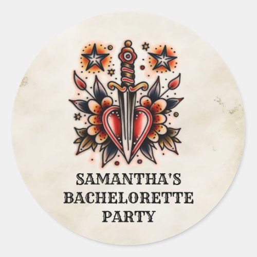 Retro Tattoo Heart Dagger Vintage Bachelorette Classic Round Sticker