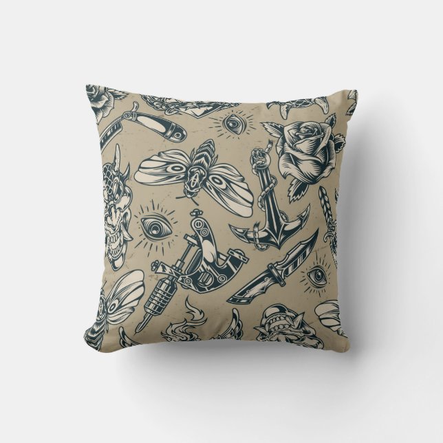 Retro Tattoo Pattern Throw Pillow (Front)
