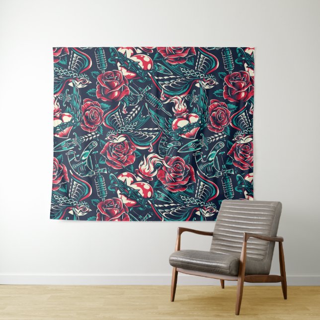 Retro Tattoo Themed Tapestry (In Situ (Horizontal))