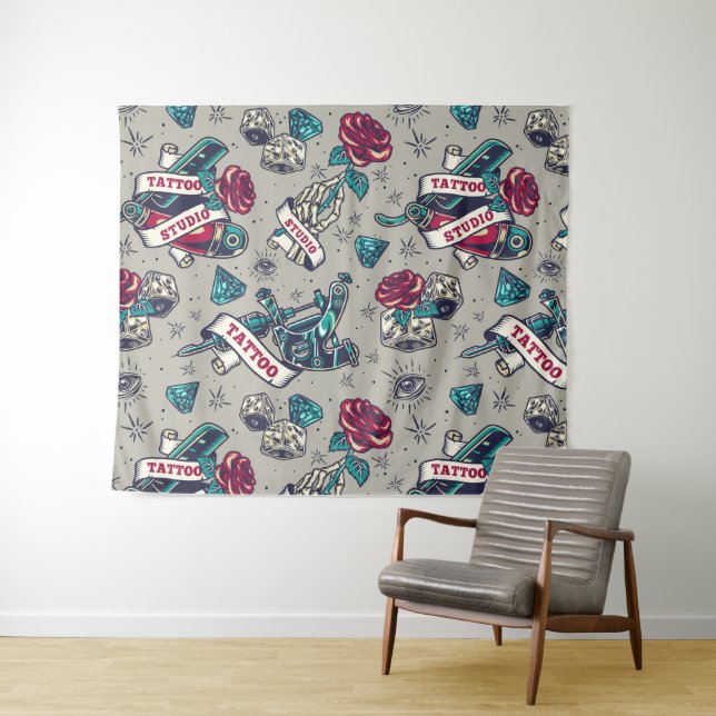 Retro Tattoo Themed Tapestry (In Situ (Horizontal))