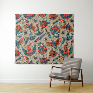 Retro Tattoo Themed Tapestry