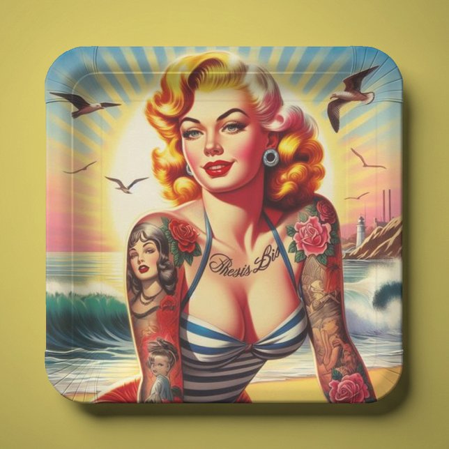 Retro Tattooed Bikini Pin-up Paper Plates (Creator Uploaded)