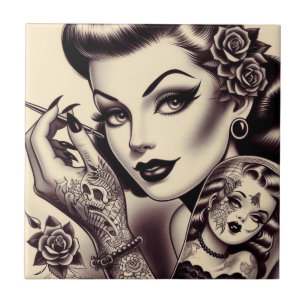 Retro Tattooed Pin Up Ceramic Tile