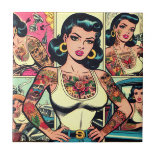 Retro Tattooed Pin-up Comics Ceramic Tile