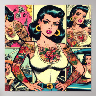 Retro Tattooed Pin-up Comics Poster