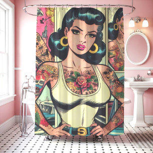 Retro Tattooed Pin-up Comics Shower Curtain