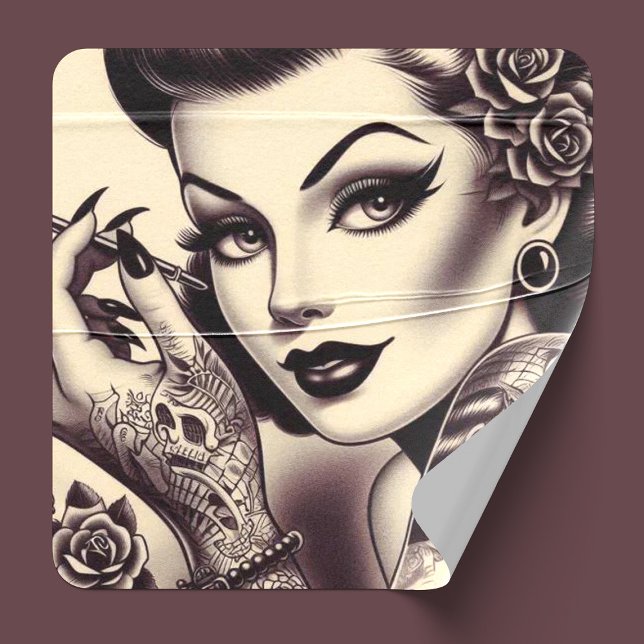 Retro Tattooed Pin Up Square Sticker (Creator Uploaded)