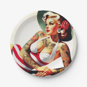Retro Tattooed Swimsuit Pin-up Paper Plates