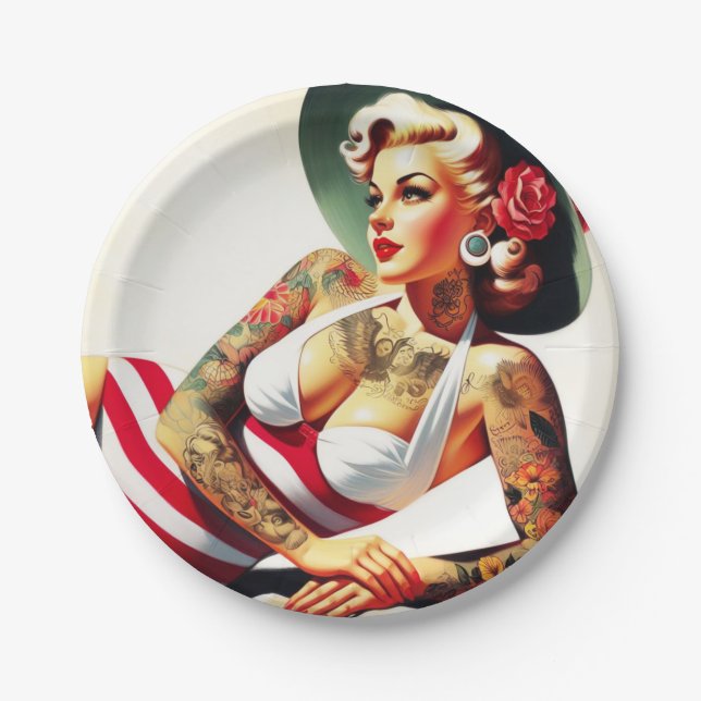Retro Tattooed Swimsuit Pin-up Paper Plates (Front)