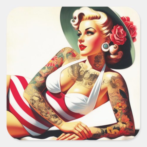 Retro Tattooed Swimsuit Pin_up Square Sticker