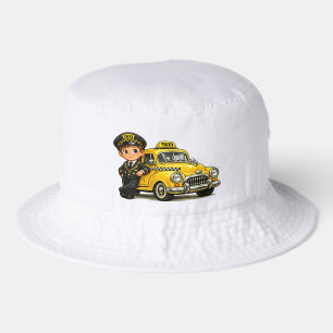 Retro Taxi Driver Boy with Vintage Yellow Car T-Sh Bucket Hat