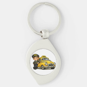 Retro Taxi Driver Boy with Vintage Yellow Car T-Sh Keychain