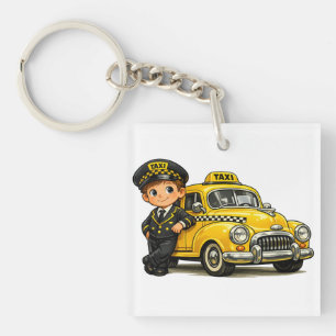 Retro Taxi Driver Boy with Vintage Yellow Car T-Sh Keychain