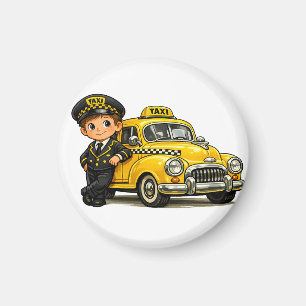 Retro Taxi Driver Boy with Vintage Yellow Car T-Sh Magnet