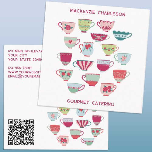 Retro Tea Cup Catering Bakery Cafe QR Code Square Business Card