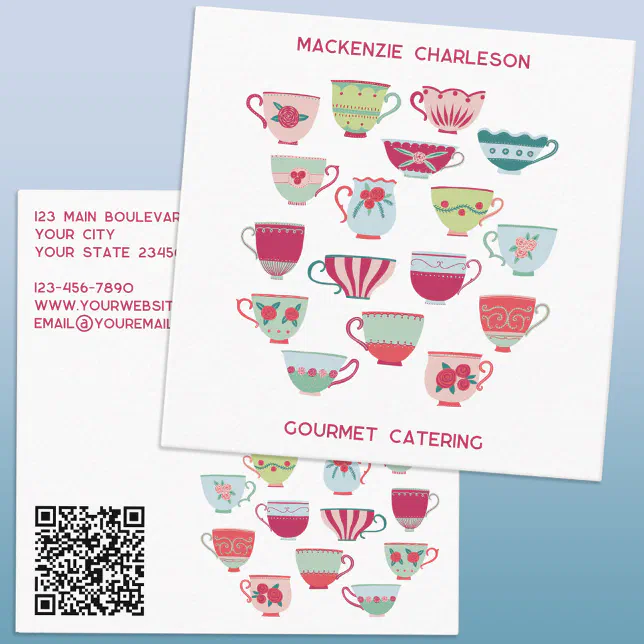 Custom Code Catering Retro Tea Cup Catering Bakery Cafe QR Code Square Business Card | Zazzle
