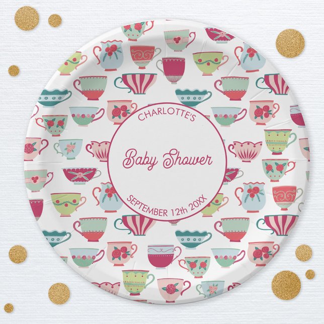 Retro Tea Party Baby Shower Paper Plates (Modern retro teacup baby shower tea party personalized paper plates)