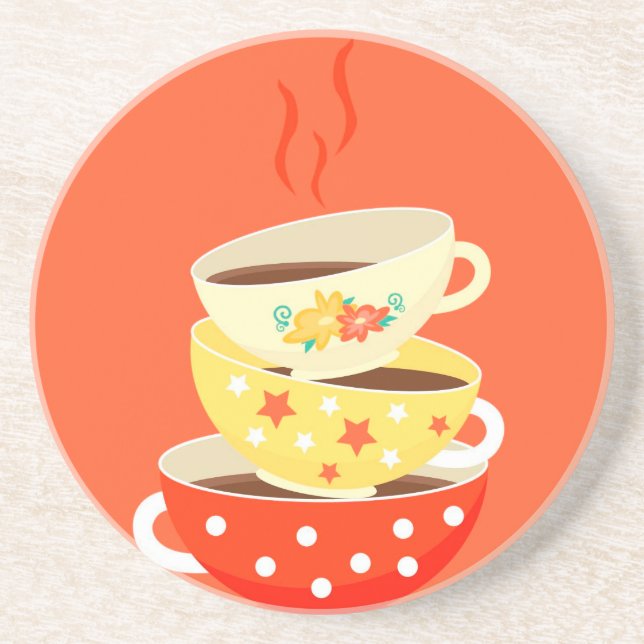 Retro tea vintage tea cups whimsical art coaster (Front)
