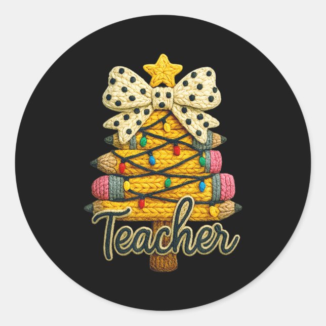 Retro Teacher Christmas, Funny Coquette Bow Gift S Classic Round Sticker (Front)
