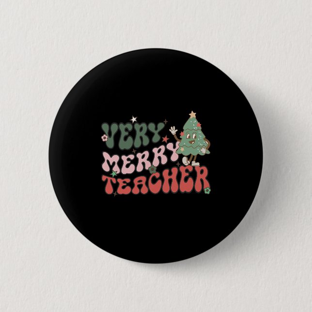 Retro Teacher Christmas  Very Merry Teacher  Button (Front)