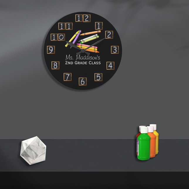 Retro Teacher Crayons Chalkboard Number Large Clock (Creator Uploaded)