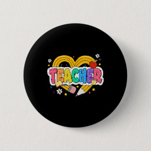 Retro Teacher Heart Pencil Colorful Groovy School  Button