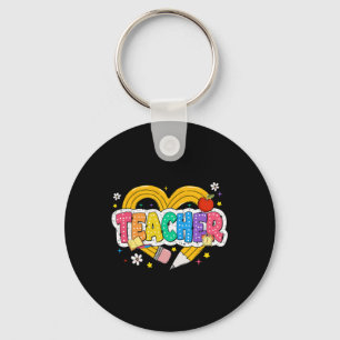 Retro Teacher Heart Pencil Colorful Groovy School Keychain