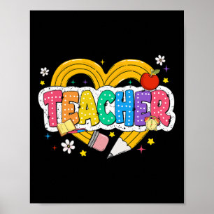 Retro Teacher Heart Pencil Colorful Groovy School Poster