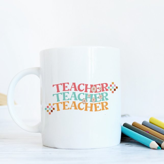 Retro Teacher in Colorful 70s Style Coffee Mug (In-Context, Close up)