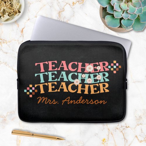 Retro Teacher in Colorful 70s Style Laptop Sleeve