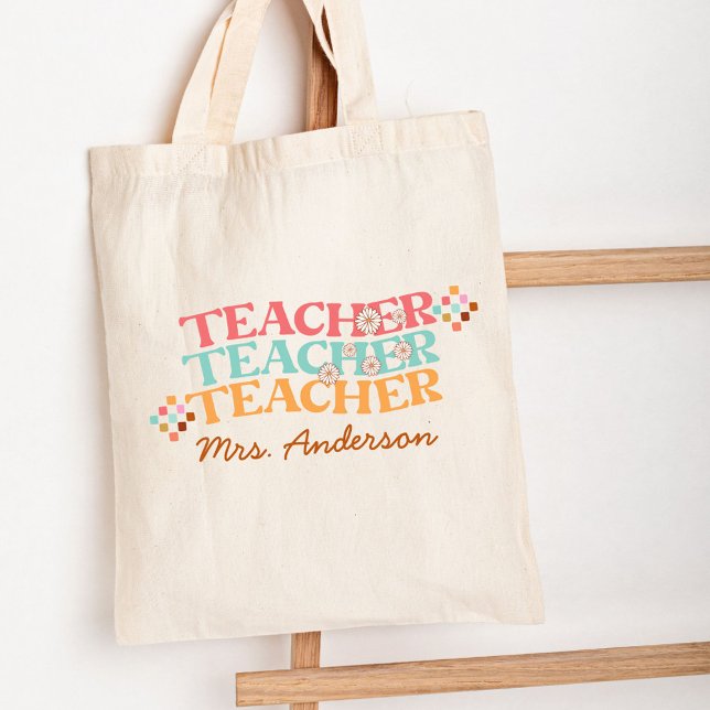 Retro Teacher in Colorful 70s Style Tote Bag (In situ)