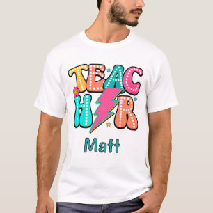 Retro Teacher Lightning Bolt Cute Smiley Flower T-Shirt