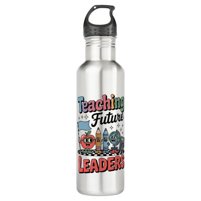 Retro Teaching Future Leaders Groovy Teacher Stainless Steel Water Bottle (Front)