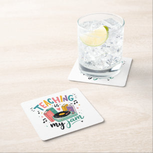 Retro Teaching Is My Jam Vinyl Record Teacher Square Paper Coaster