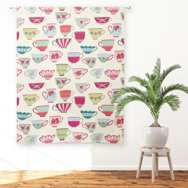 Retro Teacups Cream Sheer Curtains (Vintage retro china teacup pattern sheer or blackout curtains)