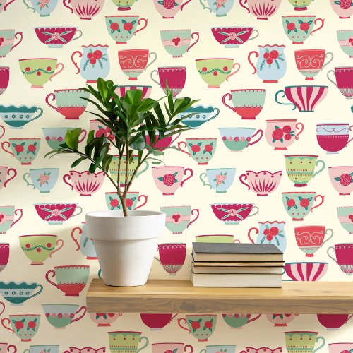 Retro Teacups Cream Wallpaper