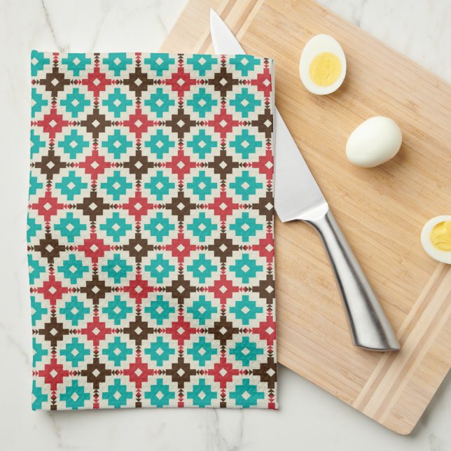 Retro Teal And Orange Geometric Pattern Kitchen Towel (Quarter Fold)