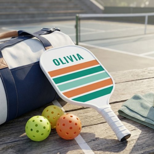 Retro Teal and Orange Stripes Custom Name Pickleball Paddle