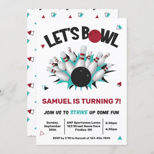 Retro Teal and Red Bowling Birthday Party Invitation
