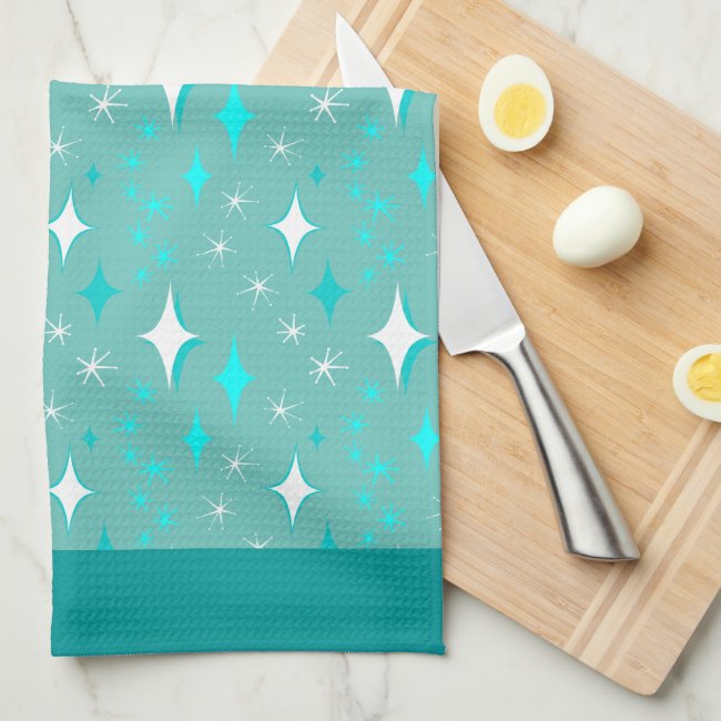 Retro Teal and White Star Pattern Kitchen Towel